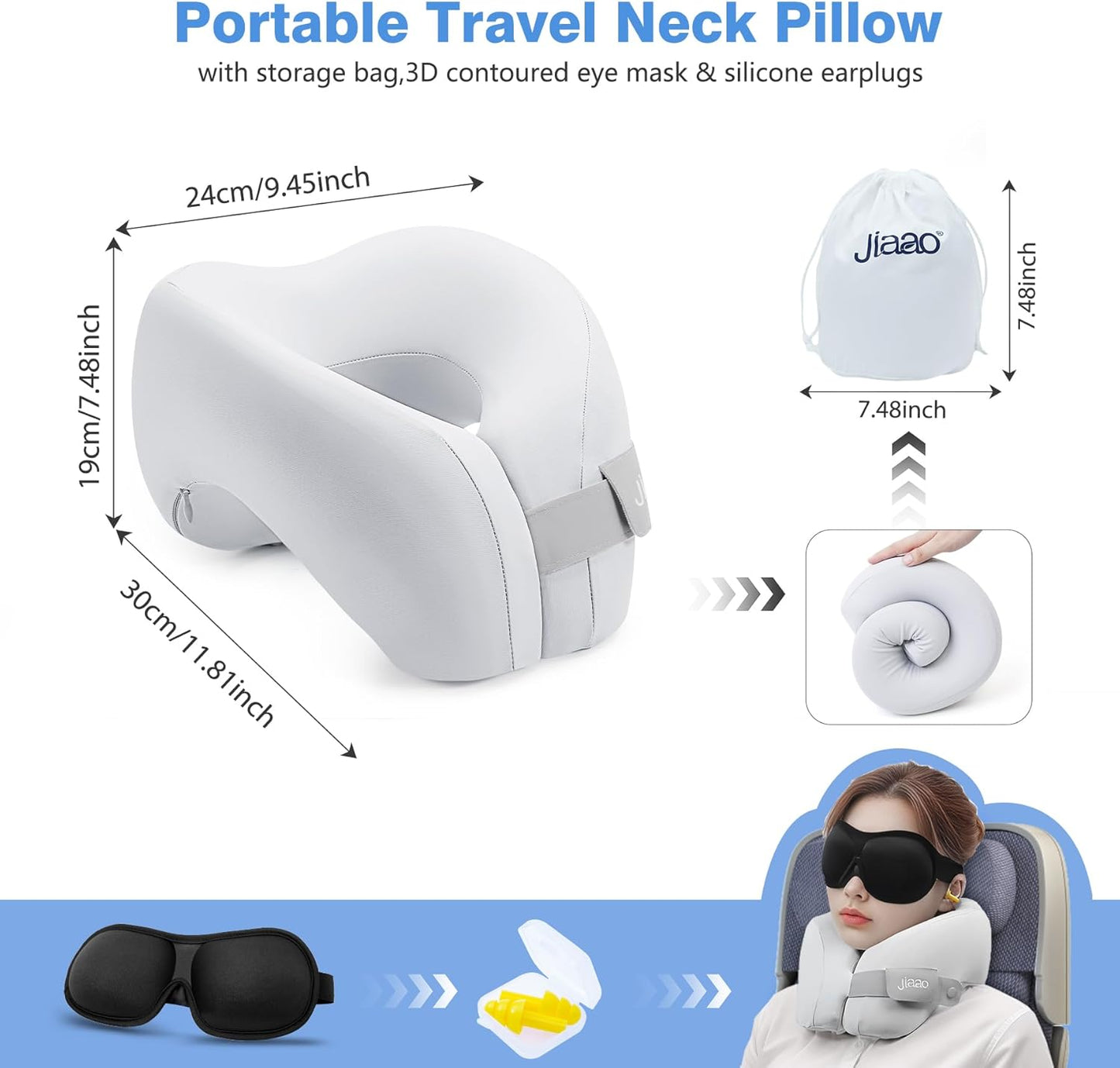 2 in 1 Neck Pillow Airplane, Ergonomic Memory Foam Travel Neck Pillow, Travel Essentials with 3D Eye Masks, Earplugs, and Portable Drawstring Bag, U Shape Neck Support for Traveling, Car, Home
