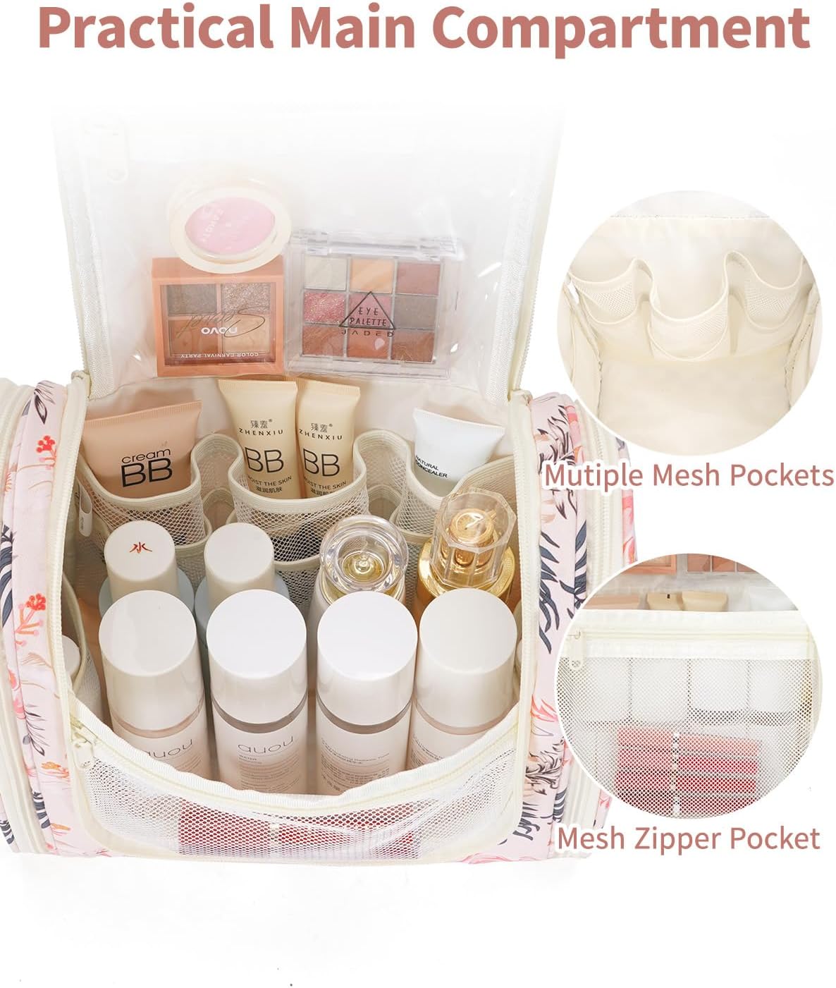 Narwey Hanging Toiletry Bag for Women Travel Makeup Bag Organizer Toiletries Bag for Cosmetics Essentials Accessories (Large, Beige Bird)