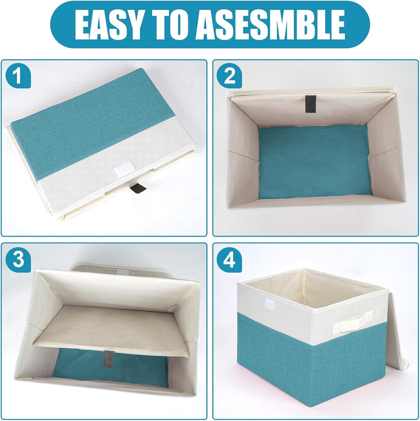 Large 22 Quart Linen Fabric Foldable Storage Bin Cube Organizer Basket with Flip-Top Lid & Handles, Clothes Blanket Box for Home, Office, Closet, Teal & White, 4 Pack 14.6 x 9.5 x 9.5
