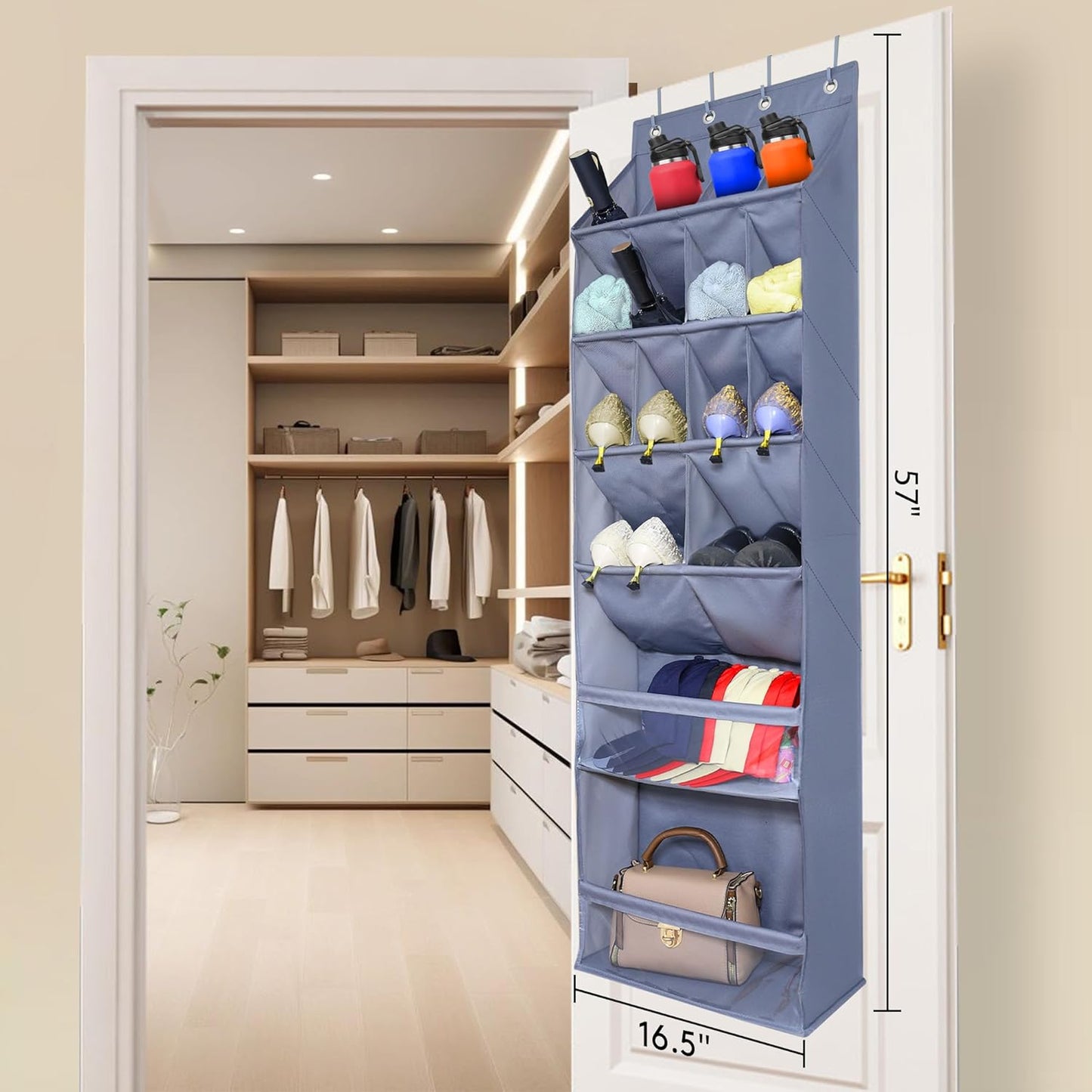 Over The Door Shoe Organizer with Large Deep Pockets Hanging Multifunction Shoe Holder for Narrow Door Dorm Closet, Grey 16 Pockets