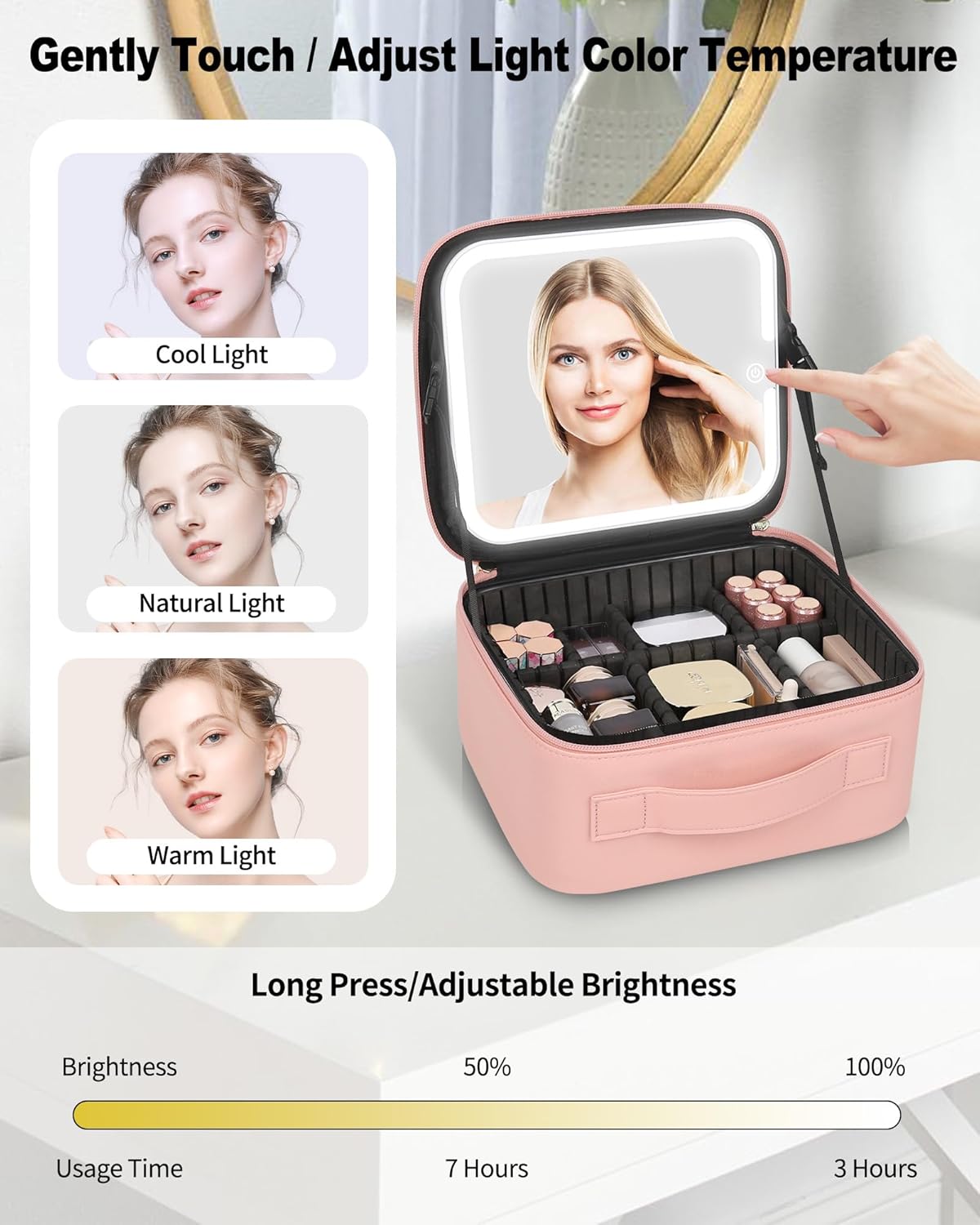 Makeup Bag With LED Mirror, Travel Makeup Case with Light up Mirror Large Cosmetic Case with 3 Color Lighted Portable Professional Organizer Bag with Adjustable Dividers（Pink）