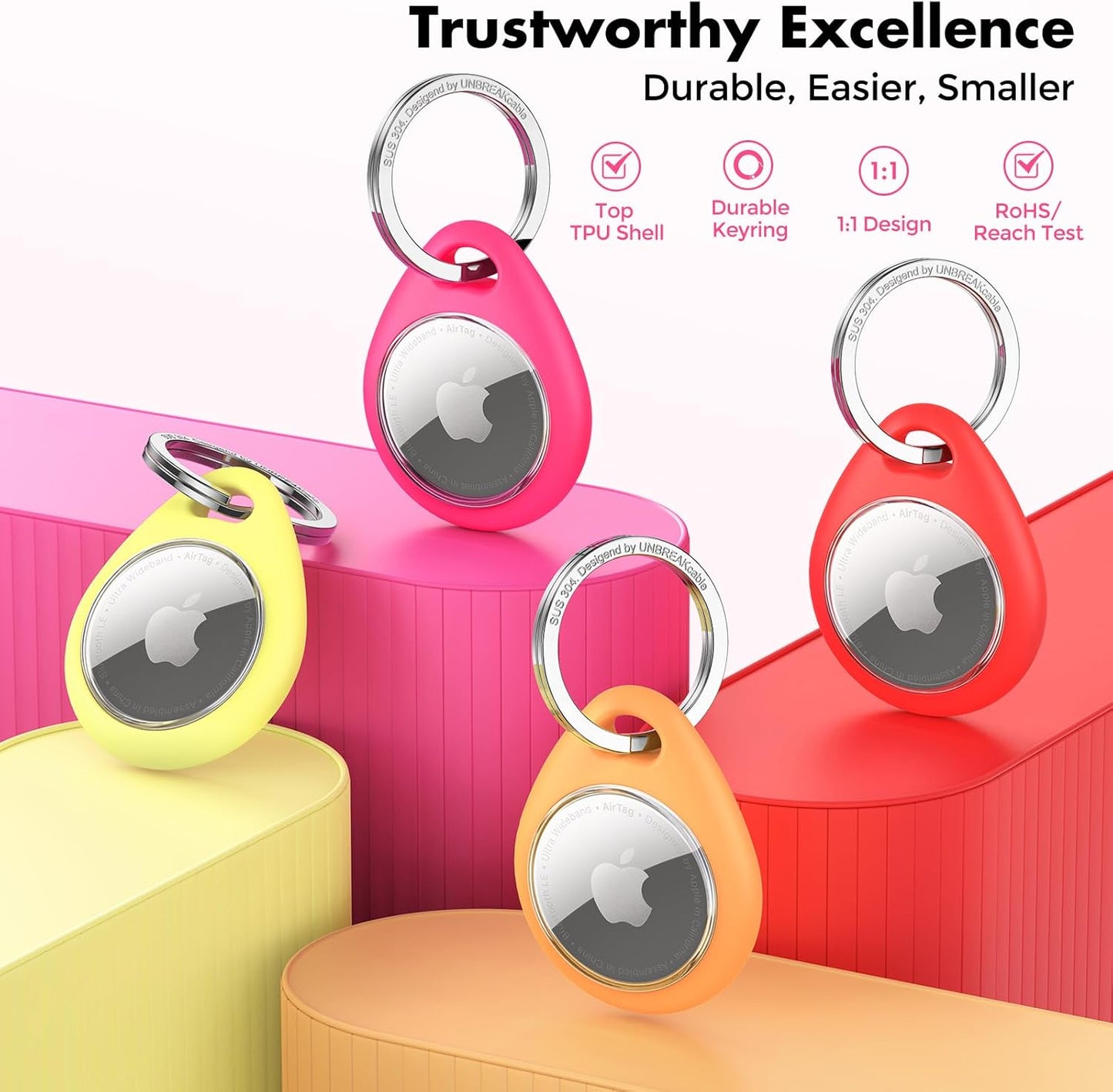 UNBREAKcable 4 Pack Holder for Apple AirTag [Fit Tightly Design] [Hold Air Tag Securely] [Easy to Install] Protective Case Waterproof TPU Shell with 304 Stainless Steel Key Ring Keychain, 4 Color