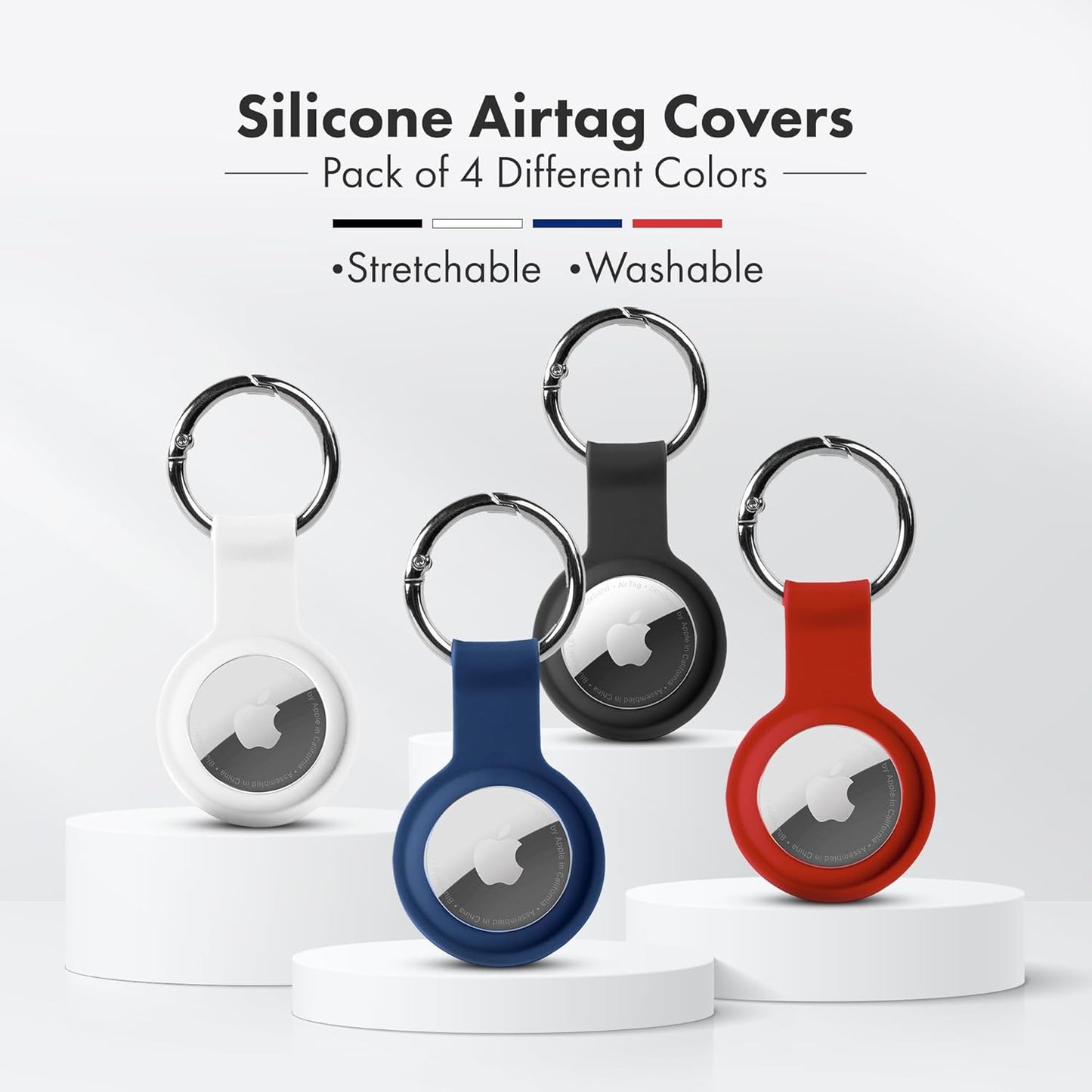 Apple AirTag 4 Pack Shockproof, Dustproof & Washable Cases, Silicon Holders with Accessories for Wallets, Luggage, Pet Collars, Key Finders (White - Black - Blue - Red)