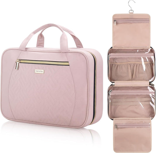 Hanging Toiletry Bag for Women Travel, 2 Sizes Large & Small Waterproof Cosmetic Organizer with 4 Compartments, Rotating Hook, Foldable Pink Travel Bag for Toiletries & Makeup - Large Pink