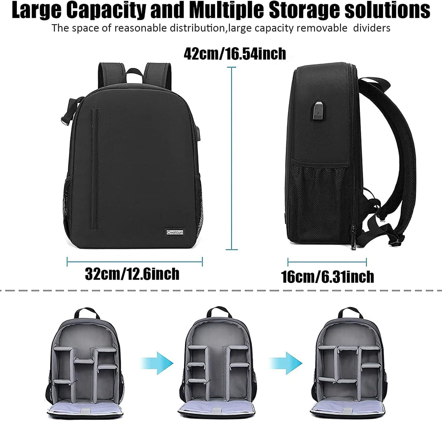 Cwatcun Camera Backpack with USB,Rain Cover,fit 15.6" Laptop,Anti-Theft Rear Open Camera Bag,Waterproof Camera Case with Tripod Straps for Canon Nikon Sony DSLR SLR Photography Bag Unisex(III-L-Black)