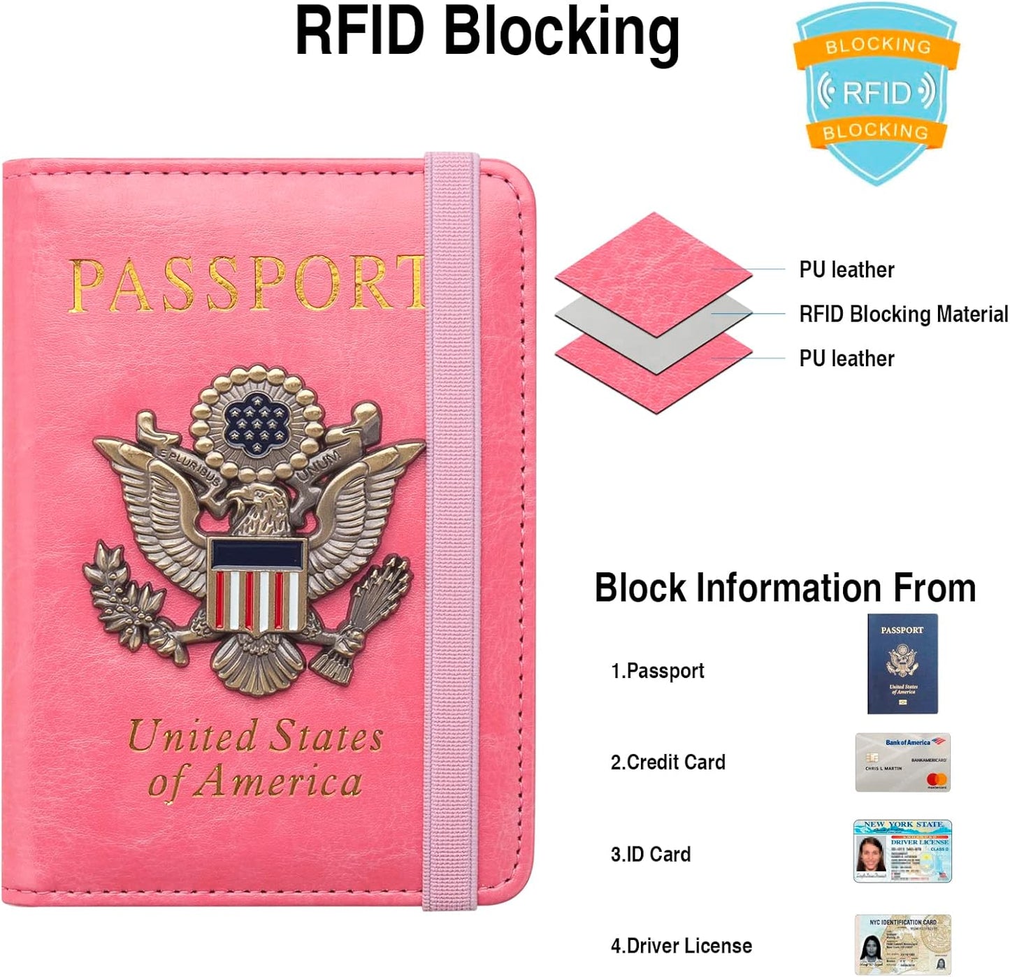 Passport Holder for Travel Passport Cover for Men Passport Wallet Case with Metal 3D Metal Badge Protector Leather Card Case RFID Blocking Women Travel Accessories Document Organizer (Pink)
