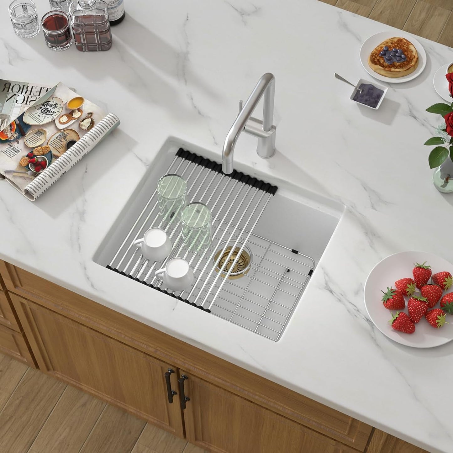 21 Inch White Granite Composite Bar Sink 21x18 Single Bowl Granite Composite Undermount Small Kitchen Sink Small Wet Bar Sinks with Workstation Quartz Natural Stone