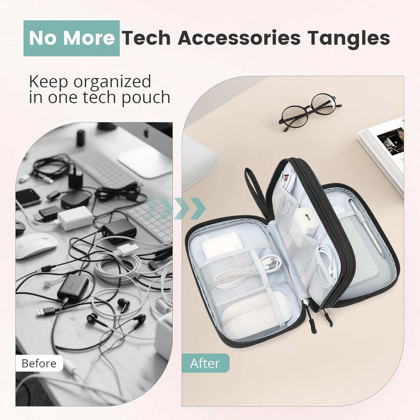 Skycase Tech Pouch - Lightweight Electronics Organizer Travel Case, Double Layers Travel Cable Organizer, All-in-One Storage Bag for Charger, Cord, Phone, Flash Drive, Accessories