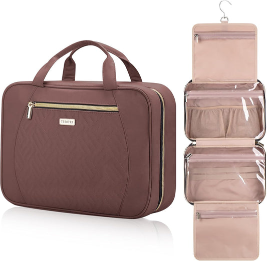 Hanging Toiletry Bag for Women Travel, 2 Sizes Large & Small Waterproof Cosmetic Organizer with 4 Compartments, Rotating Hook, Foldable Pink Travel Bag for Toiletries & Makeup Red Sandalwood