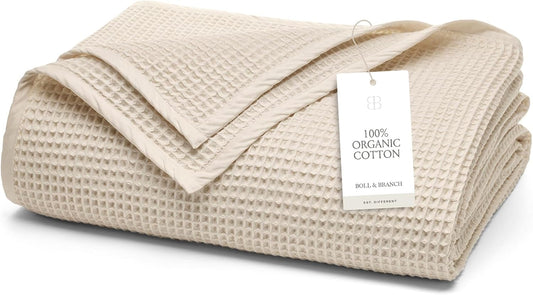 BOLL & BRANCH Waffle Bed Blanket - Twin, Natural - Luxury 100% Organic Cotton - Soft, Lightweight and Breathable - Textured Waffle Weave Design