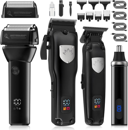 4 in 1 Hair Clippers for Men, Professional T-Blade Trimmer, Electric Foil Shaver, Nose Hair Trimmer, Cordless, LCD Display, Grooming Kit(Black)