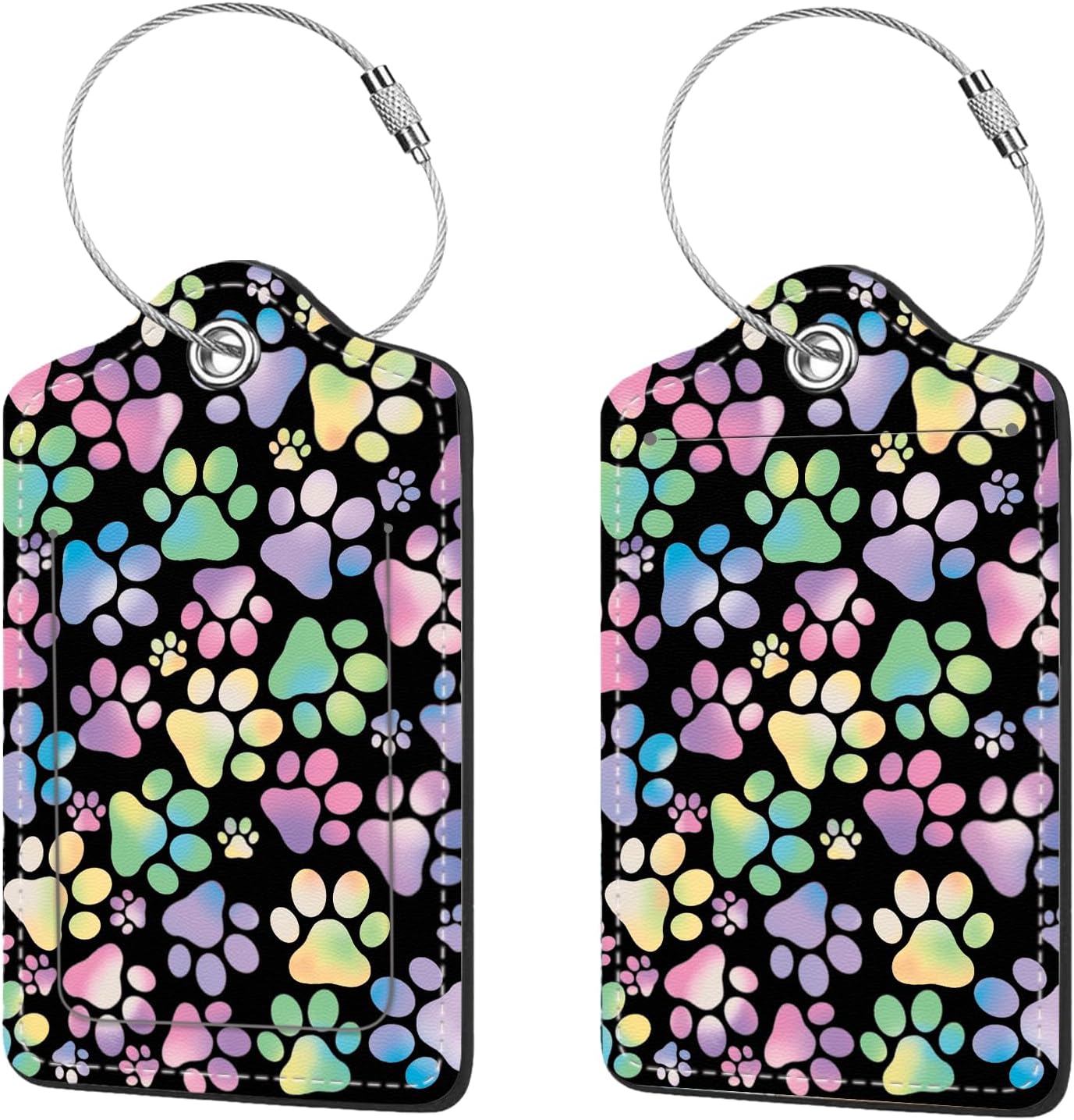 2 Pcs Luggage Tags for Suitcase, Cute Unique PU Leather Travel Bag Tag with Privacy Cover ID Label Address Card and Durable Metal Ring Suitable for Men Women Children Backpack,Colorful Dog Paw Prints