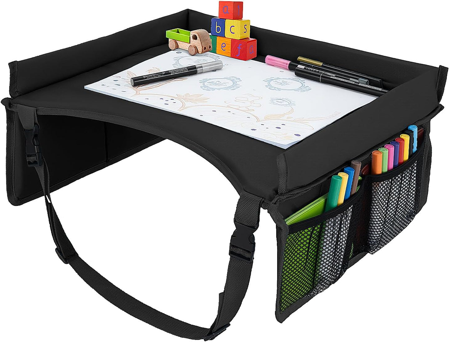 Children Auto Lap Pad - Travel Tray Tablet Holder，Car Seat Lap Tray for Toddlers, Kids，Use on Airplanes, Road Trips, Lap Desk，Tablet Holder and Carry Bag (Black)