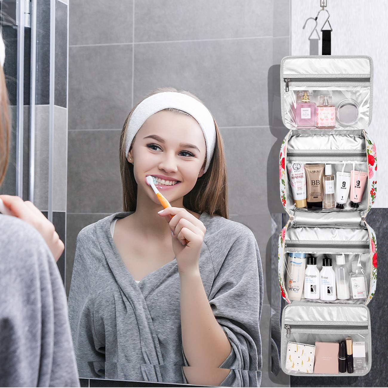 Hanging Travel Toiletry Bag,Large Capacity Cosmetic Travel Toiletry Organizer for Women with 4 Compartments & 1 Sturdy Hook,Perfect for Travel/Daily Use/Christmas