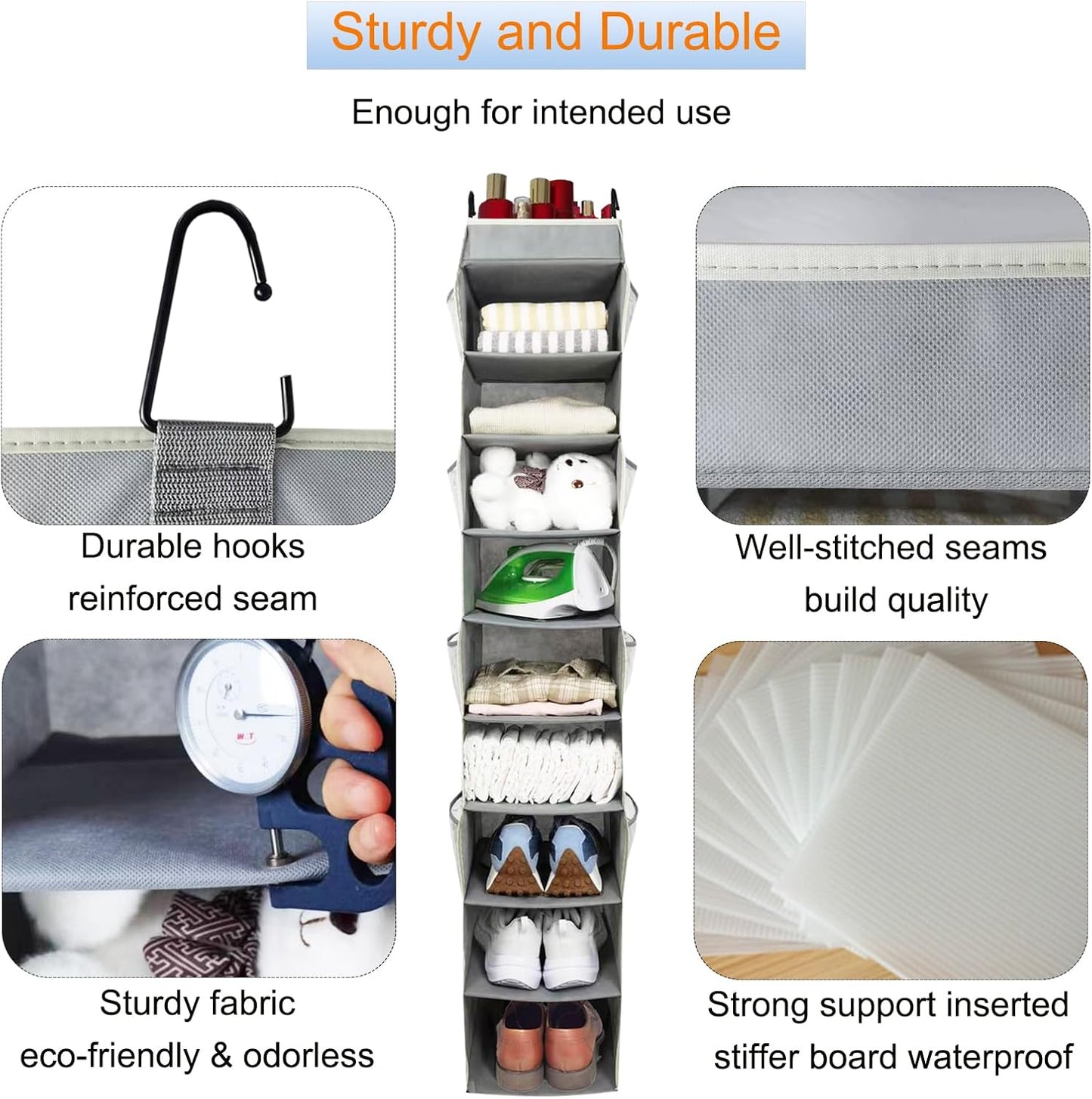 2 Pack Large-Sized Hanging Shoe Organizer 10-Shelf, Sturdy Hanging Closet Organizer with 8 Side Pockets, Wider Hanging Shelves for Storage Shoes Clothes Jeans Shirts Toys, Grey.