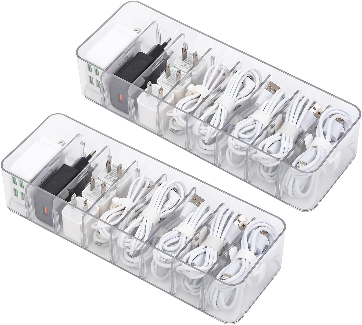 Yesesion 2 Pack Plastic Cable Management Box with Removable Dividers, Clear Cord Storage Organizer with 20 Wire Ties for Desk Drawer, Office Supplies, Electronic Accessories, Battery, Phone Charger