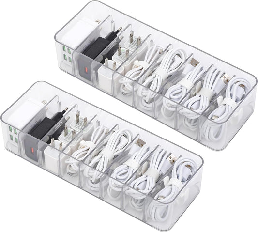 Yesesion 2 Pack Plastic Cable Management Box with Removable Dividers, Clear Cord Storage Organizer with 20 Wire Ties for Desk Drawer, Office Supplies, Electronic Accessories, Battery, Phone Charger