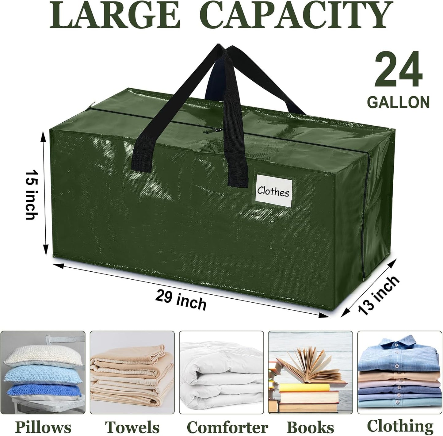 4 Pcs 24 Gallon Large Moving Bags with Zipper and Handles Foldable Storage Duffle Bags Heavy Duty Extra Large Totes for College Dorm Travel Clothes Blankets Bedding Moving (Green)