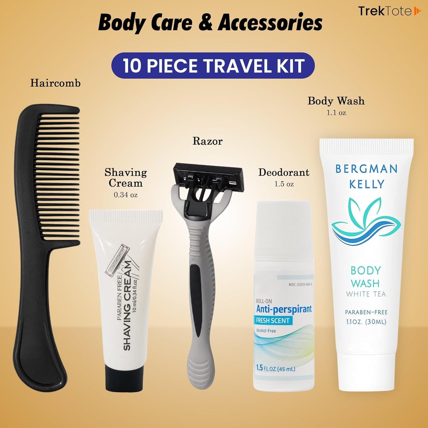 Trektote Travel Toiletry Kit For Men And Women – 10 Piece Set of Travel Size Toiletries, TSA Compliant, Includes Body Wash, Deodorant, Shaving Cream And Razor, Oral Care, Reusable Toiletry Bag & More