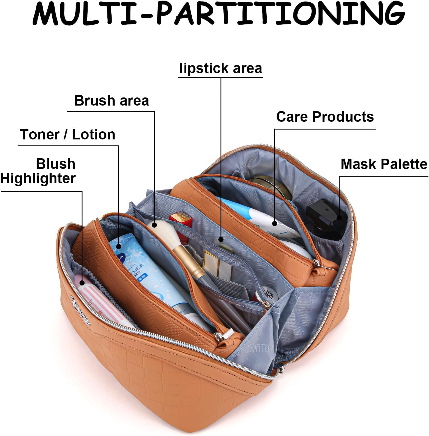 Travel Makeup Bag Organizer Cosmetic Bag: 3 Pcs Set Make up Bags for Women with Handle - Waterproof Vegan Leather Toiletry Bags with Comparments (C-08-Orange)