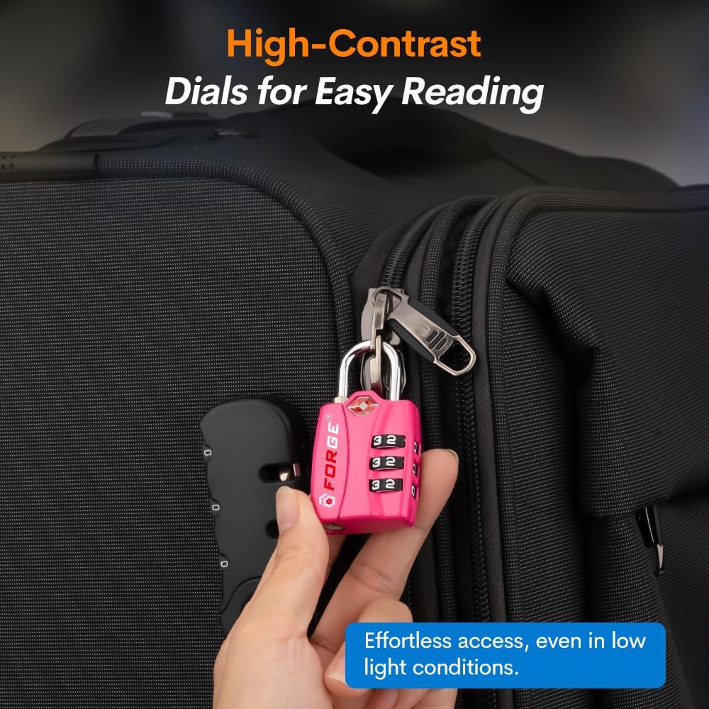 Forge Luggage Locks TSA Approved 4 Pack 4 Colors, Small Combination Lock with Zinc Alloy Body, Open Alert, Easy Read Dials, for Travel Suitcase, Bag, Backpack, Lockers.