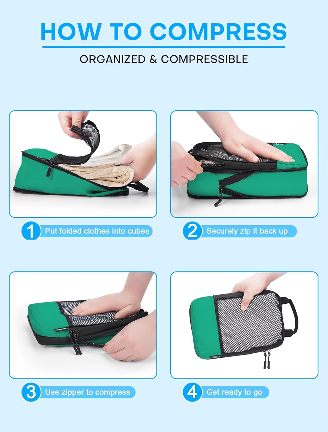 4 PCS Set Compression Packing Cubes for Travel, Lightweight Packaging Organizer Bags for Carry On Space Saving, Travel Essentials Cubes for Suitcase Backpack, Green