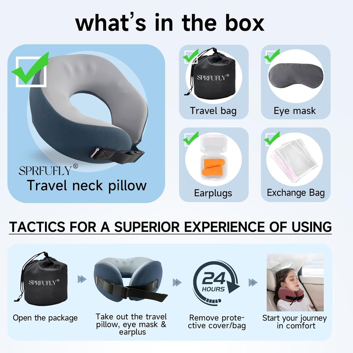 Travel Pillow/Neck Brace, Airplane Pillow with Sleep Mask and Ear Plugs, Breathable Removable Cover & Ergonomic Design - Essentials Travel Neck Pillow for Airplane, Car, Office & Home Use (Blue)