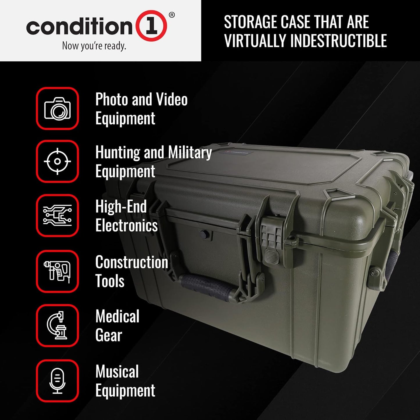 Condition 1 25" Large Heavy-Duty Protective Waterproof Hard Case Model 024, Portable Storage Box with Customizable Foam, Camera, Tool, Hunting, Made in USA, 24.27"x19.40"x13.57" Green