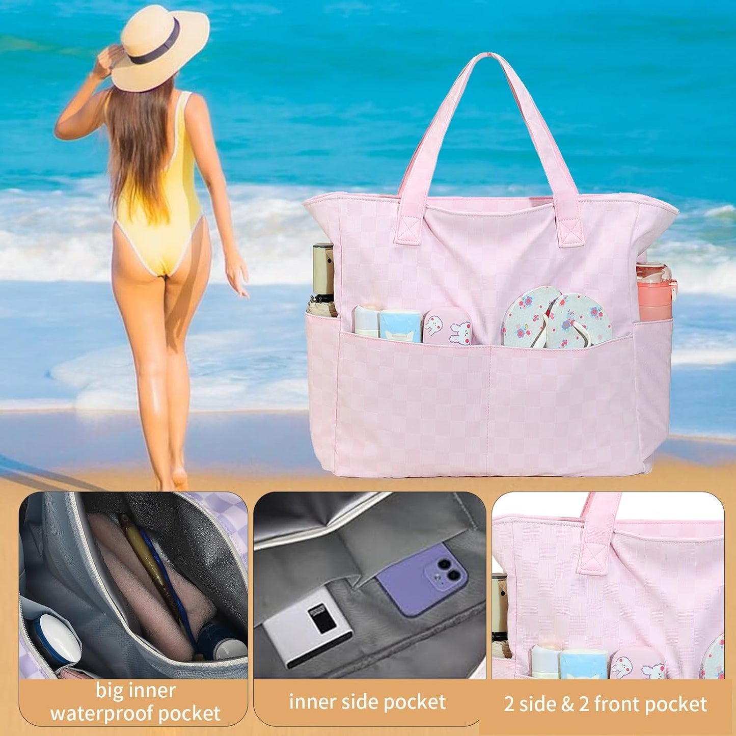 LEDAOU Beach Bag Waterproof Sandproof Women Tote Bag Pool Bag with Zipper for Gym Grocery Travel with Wet Pocket