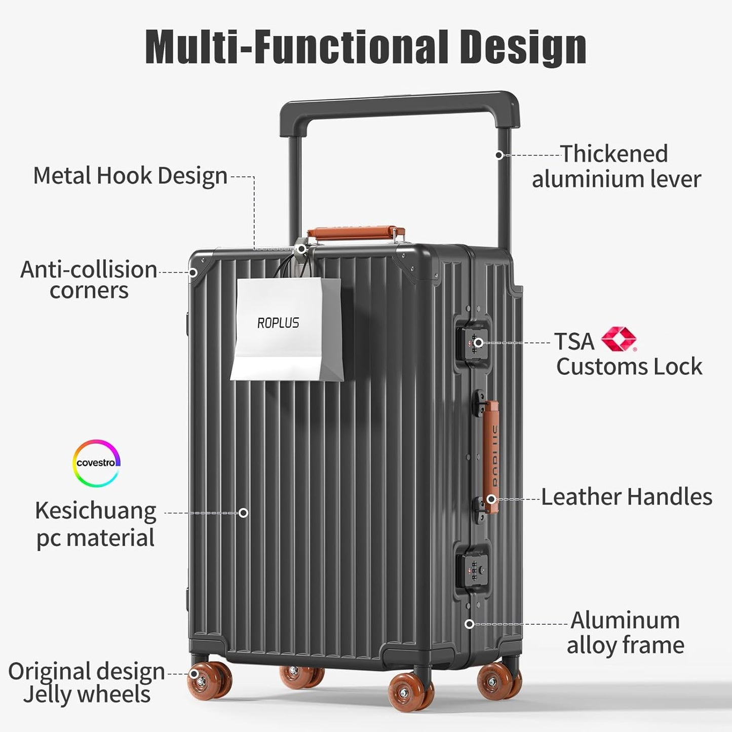 Aluminium Frame Carry on Luggage with Smooth Jelly Wheels, Hardside Zipperless Rolling Suitcase with TSA Lock (Grey, 21-Inch)