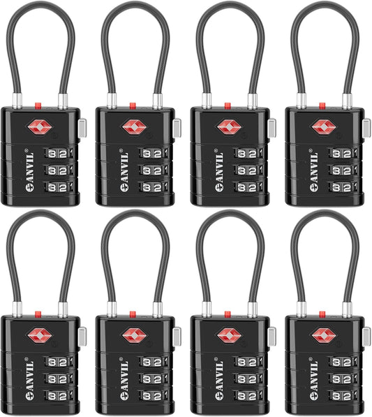 ANVIL TSA Approved Luggage Locks – High Security TSA008 Combination Travel Locks with Inspection Indicator for Suitcases and Backpacks. (8, Black)