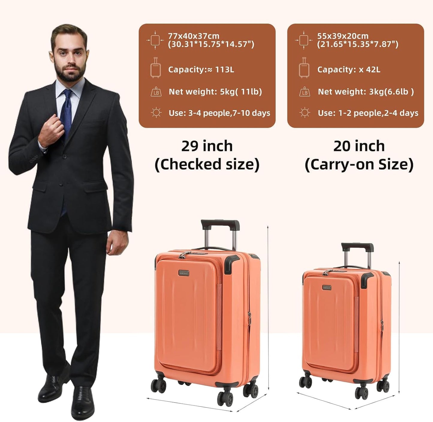 29 Inch Luggage, Top Opening Airline Approved ABS+PC Hard Shell Suitcases with Silent Wheels, TSA Lock,Front Pocket and Wet-dry Separated Six-piece Set (AD Orange, 29 Inch)