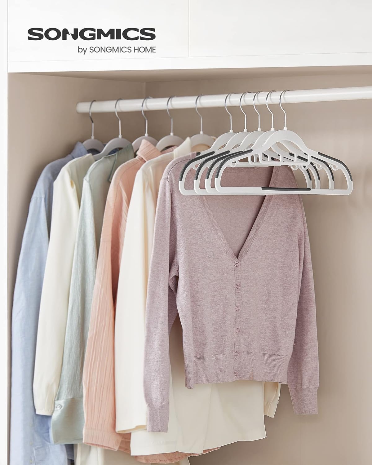 SONGMICS Pack of 50 Coat Hangers, Heavy-Duty Plastic Hangers, Clothes Hangers, White and Dark Gray UCRP020W02