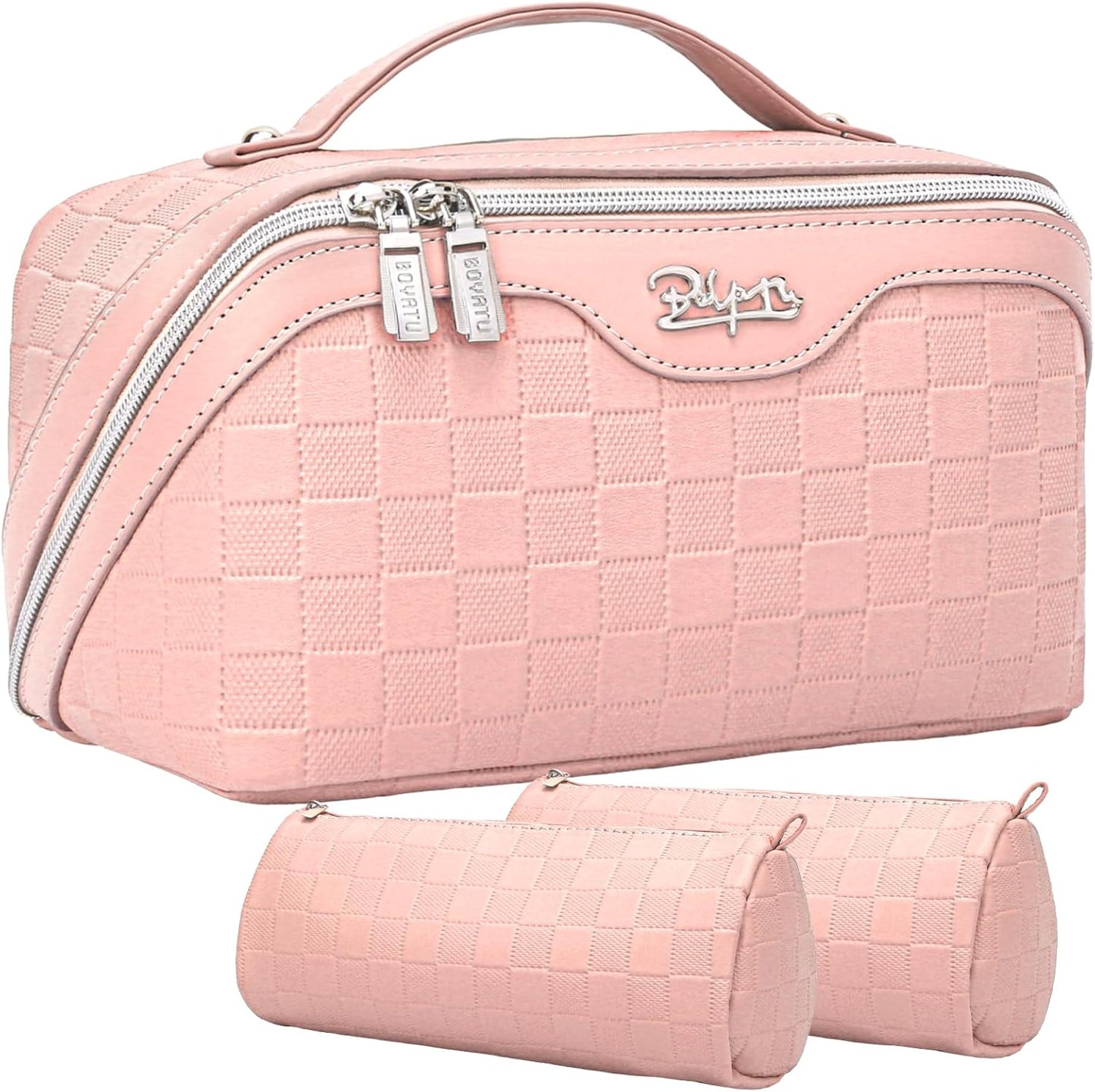 Travel Makeup Bag Organizer Cosmetic Bag: 3 Pcs Set Make up Bags for Women with Handle - Waterproof Vegan Leather Toiletry Bags with Comparments (C-05-Pink)