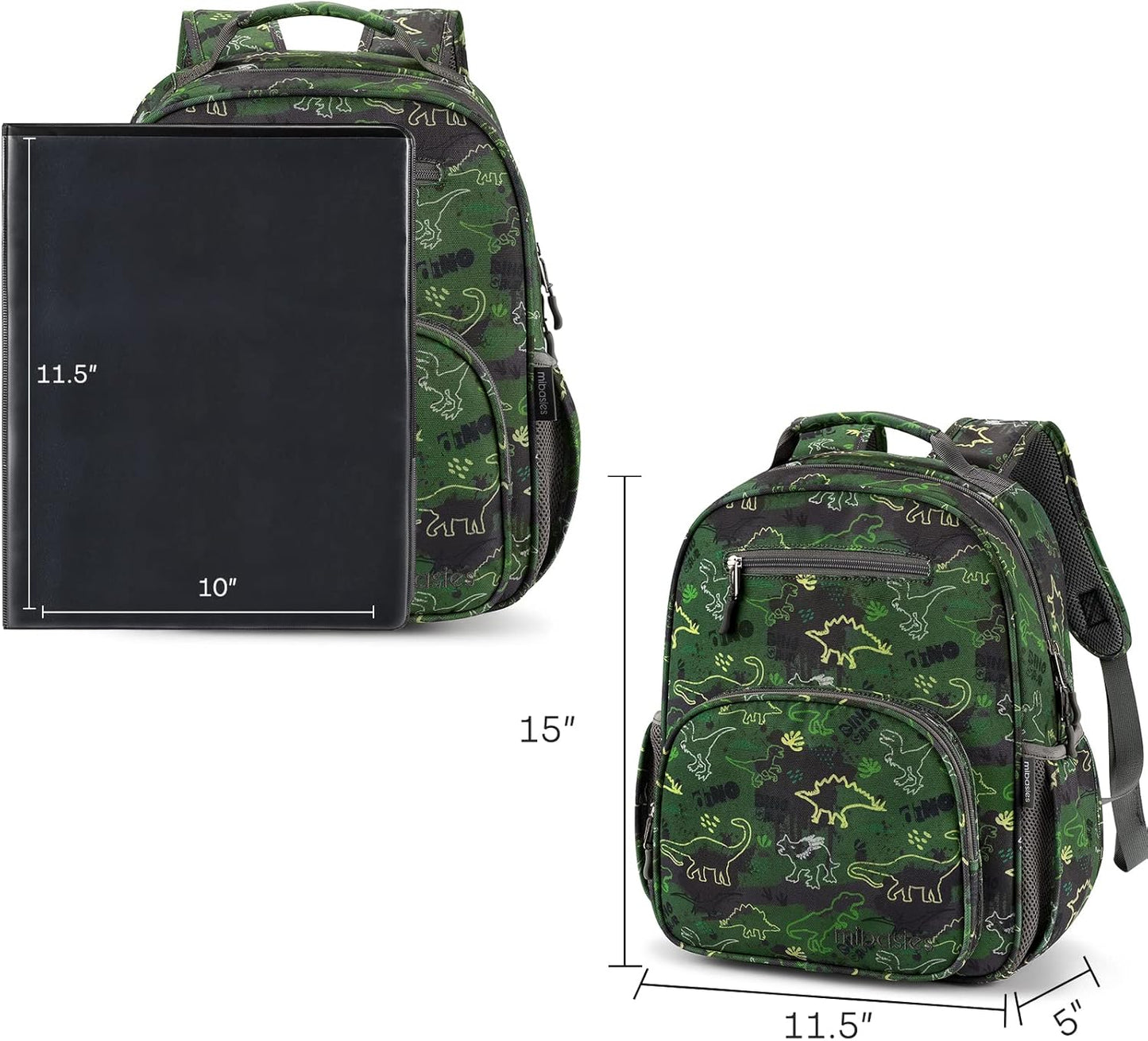 mibasies Boys Backpack 5-8: Lightweight Kids Backpacks Boys - Boy Bookbag for Elementary School - Green Dinosaur