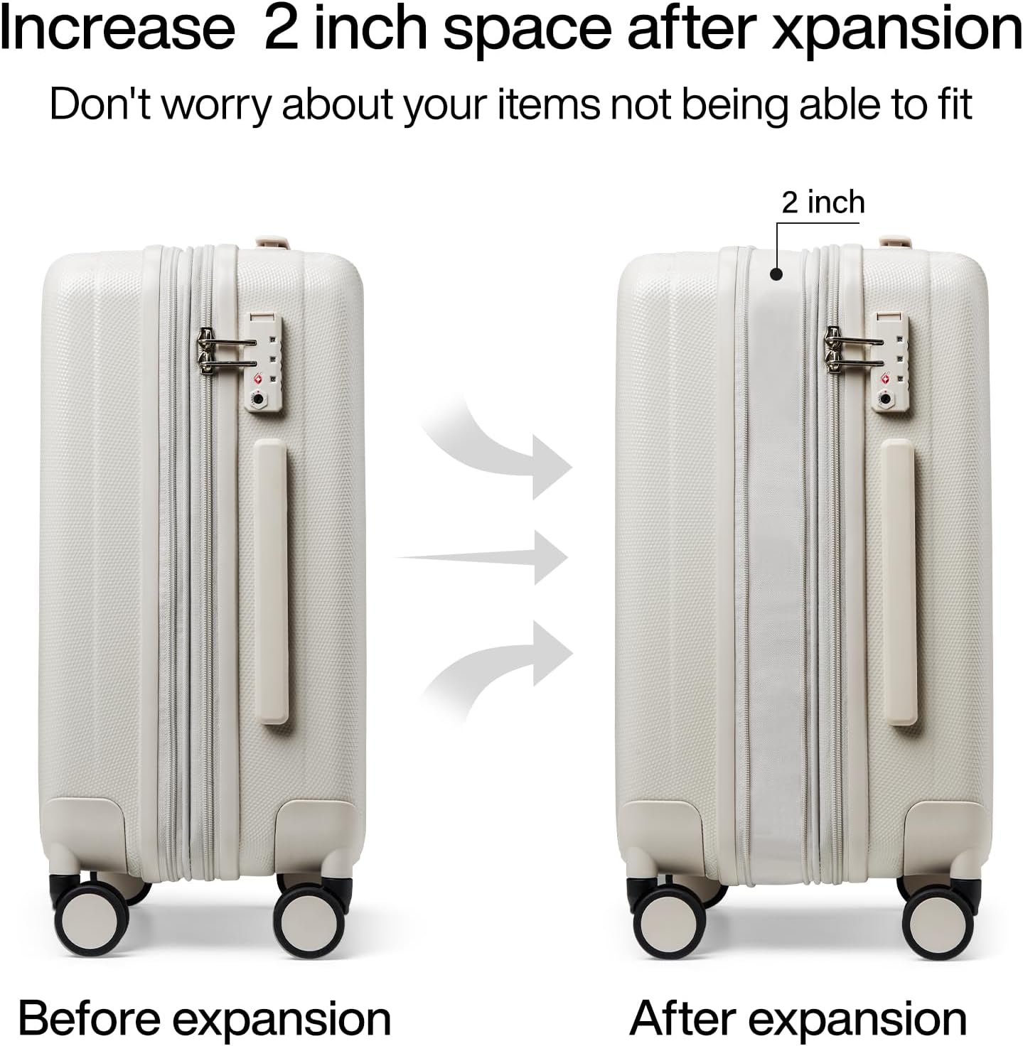 Hanke 20 Inch Expandable Carry on Luggage 22x14x9 Airline Approved Lightweight PC Hard Shell Suitcases with Wheels Travel Luggage Rolling Suitcase Travel Luggage Bag for Weekender(Ivory White)