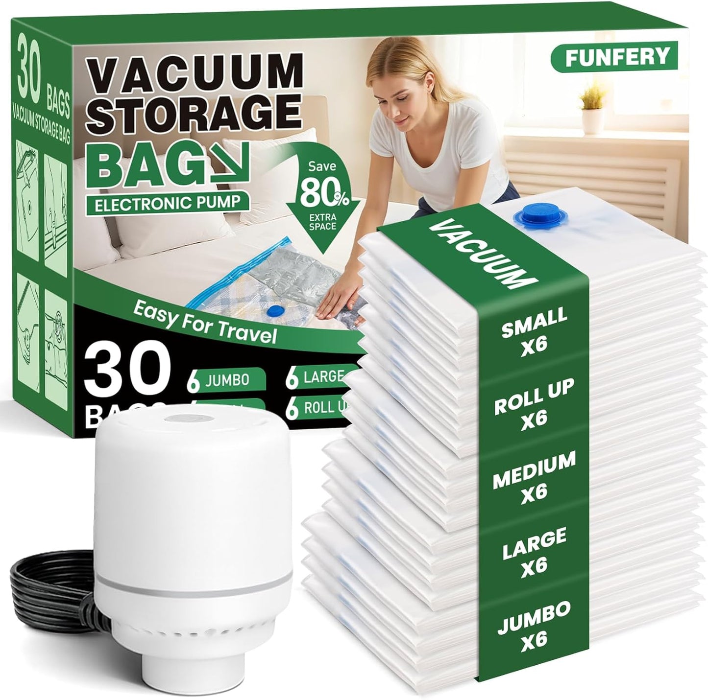 Vacuum Storage Bags,30Pack Vacuum Seal Bags with Electric Air Pump,Vacuumm Seal Bag for Clothing,Travel,Clothes,Comforters,Blankets,Pillows-6 Jumbo+6 Large+6 Medium+6 Small+6 Roll Up Space Saving Bag