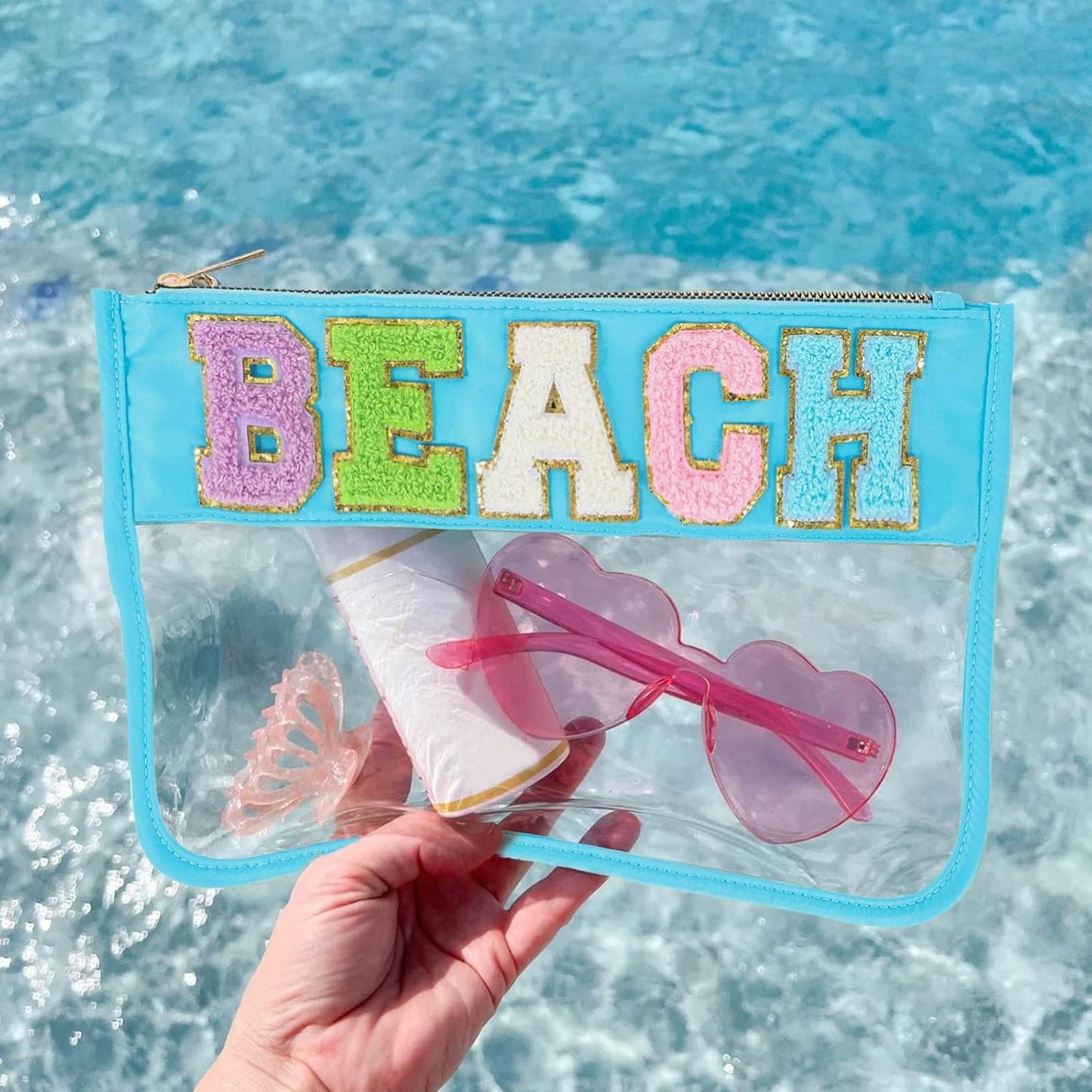 DYSHAYEN Chenille Letter Clear Zipper Pouch for Travel,Nylon Clear Cosmetic Bag,Makeup Travel Bag for Women Girls 11.8 Inches x 8.2 Inches