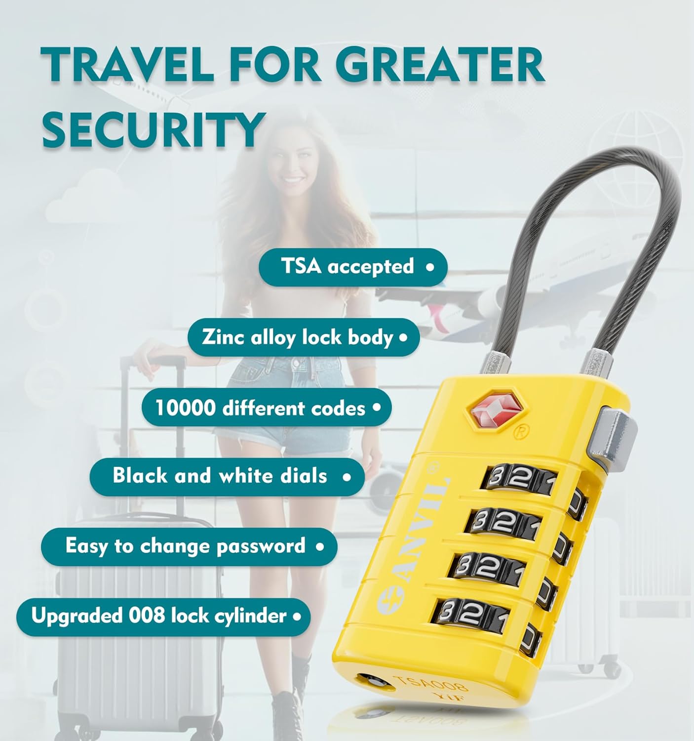 ANVIL 4 Digit Luggage Locks, TSA Locks for Luggage, Advanced TSA008 core, Alert Indicator for Your Travel Lock, Suitcase Lock.(2, Yellow)