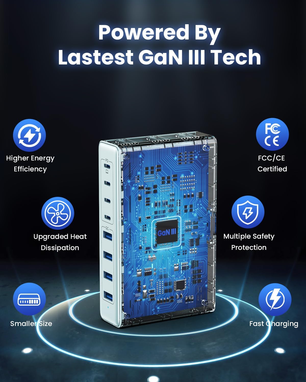 200W USB C Charger Block,8-Ports GaN III Fast Charging Station Hub,PD 65W Laptop Charger Wall Chargers Power Adapter for MacBook Pro/Air,DELL,Steam Desk,iPhone 17/16,Galaxy S25,Pixel-Light Blue