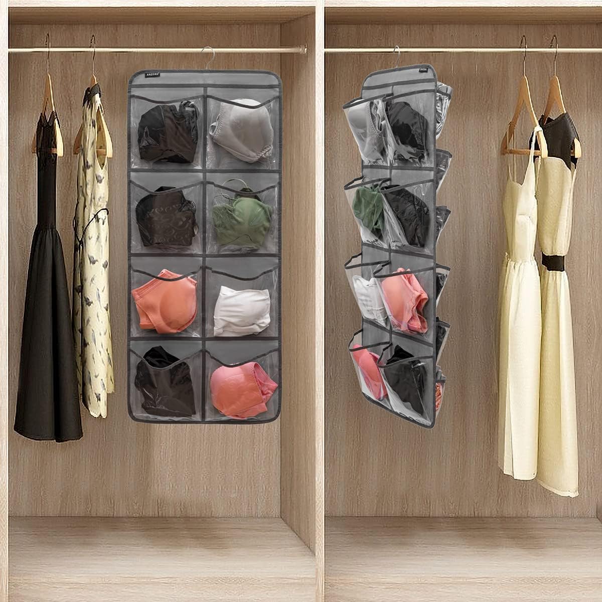 Dual-Sided Hanging Closet Organizer for Socks Underwear Bra Kids Storage Organizer for Baby Clothes Toddler Shoes with 26 Pockets (Grey-Clear Pockets)