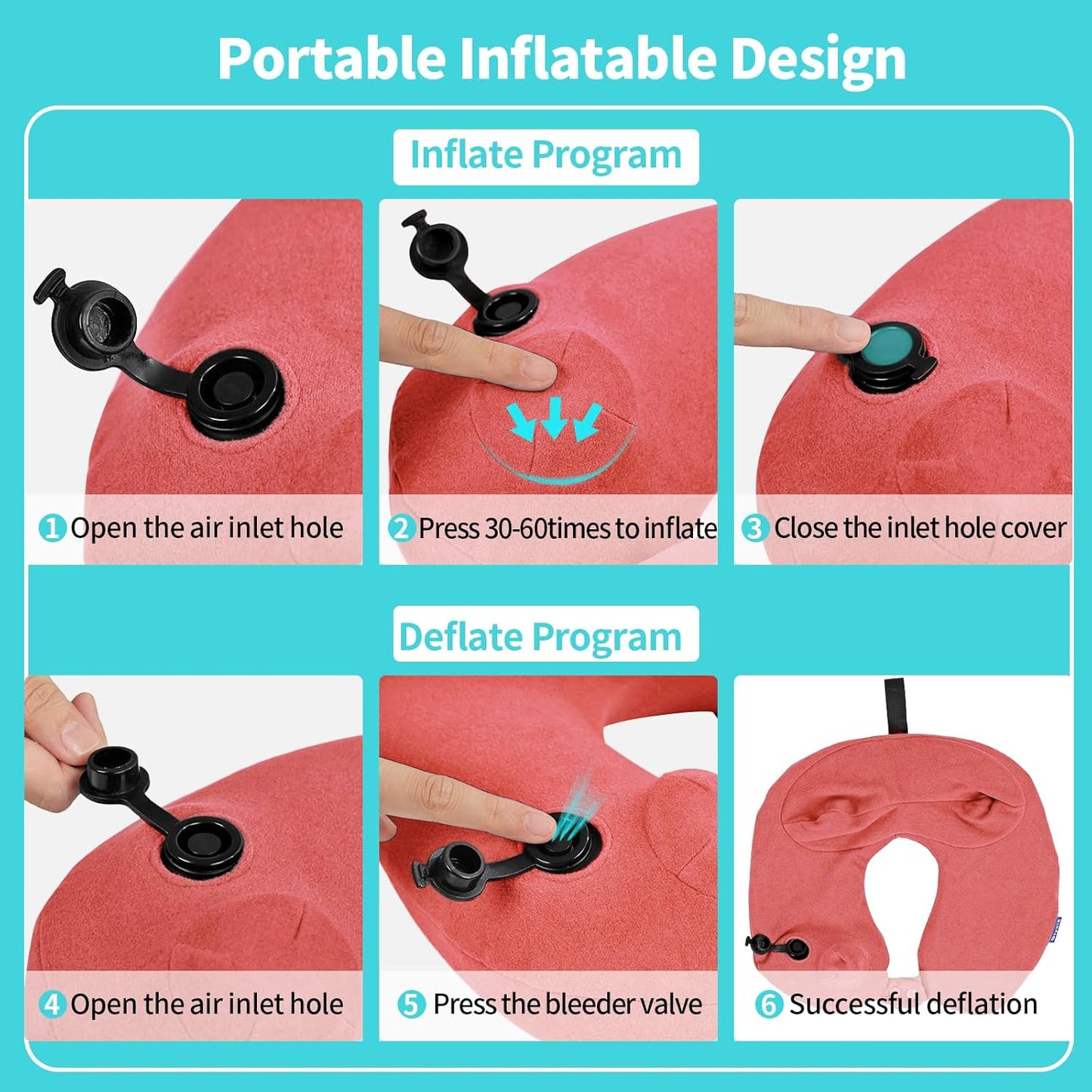 Inflatable Travel Neck Pillow for Airplane, Head Support Velvet Adult Neck Pillow for Long Flight, Kit with Eye Mask, Earplugs and Storage Bag,1, Rose Pink