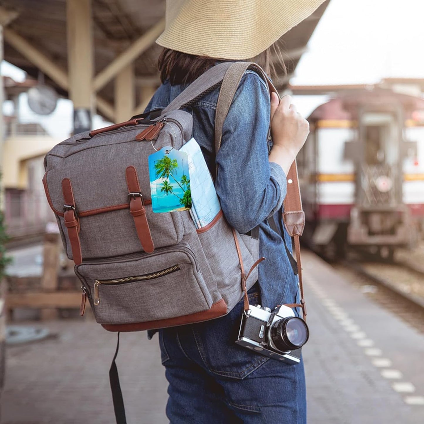 Swaying Palm Trees 2-Pack Luggage Tags for Suitcases,Leather Baggage Tag with Loop, Tags Private Name ID Labels for Women Girl Men Boys Travel Baggage Suitcase