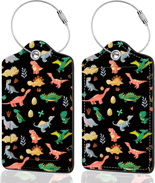 2Pack Luggage Tags for Suitcases, Cute Unique Pu Leather Cruise Luggage Tag with Privacy Cover ID Label Address Card and Metal Ring Suitable for Women Men Kids Travel Bag Dinosaurs and Plants