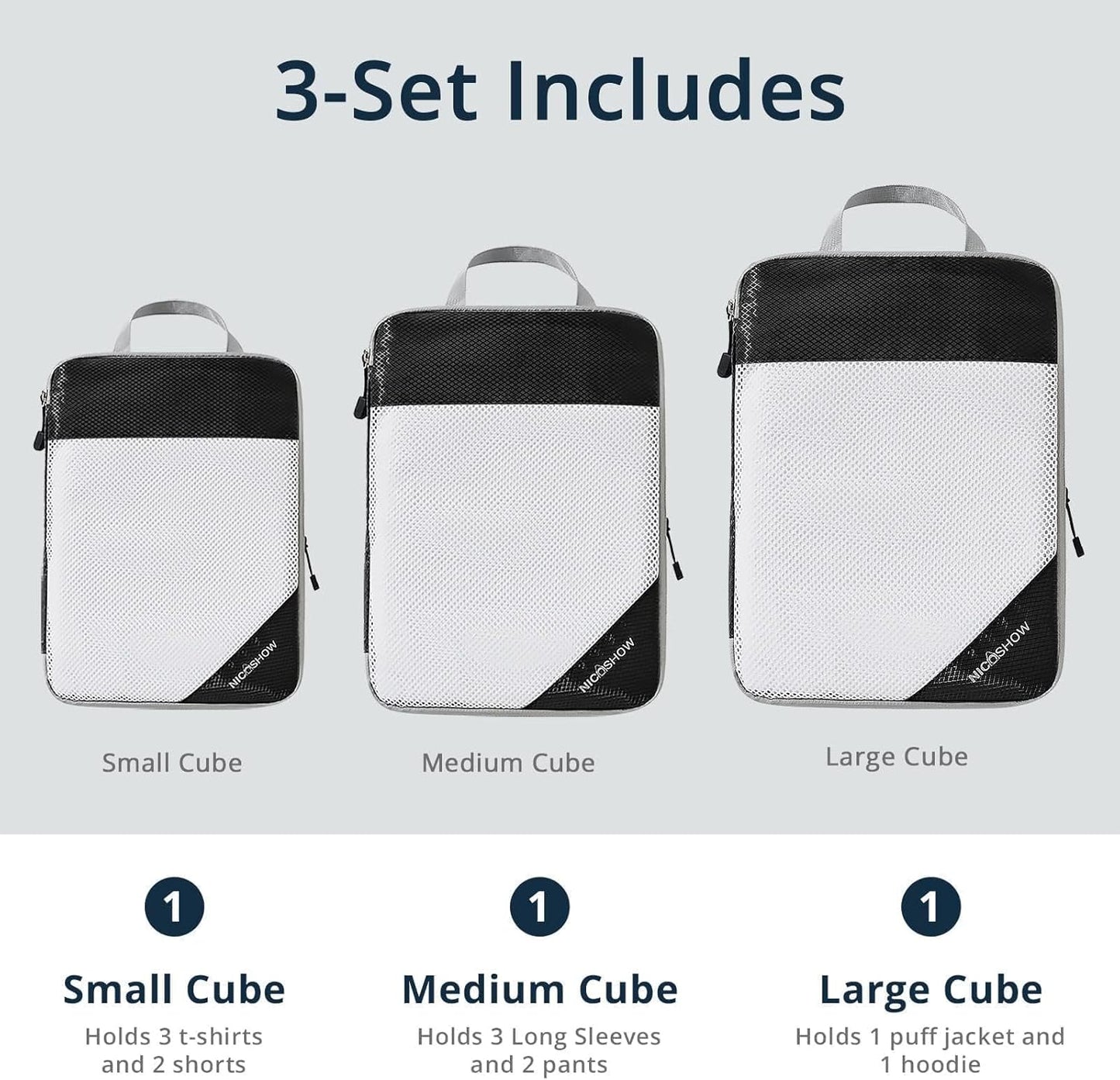 3 Set Compression Packing Cubes for Travel - Compressible, Lightweight, and Space-Saving Packing Cubes, Travel Essentials for Women, Black