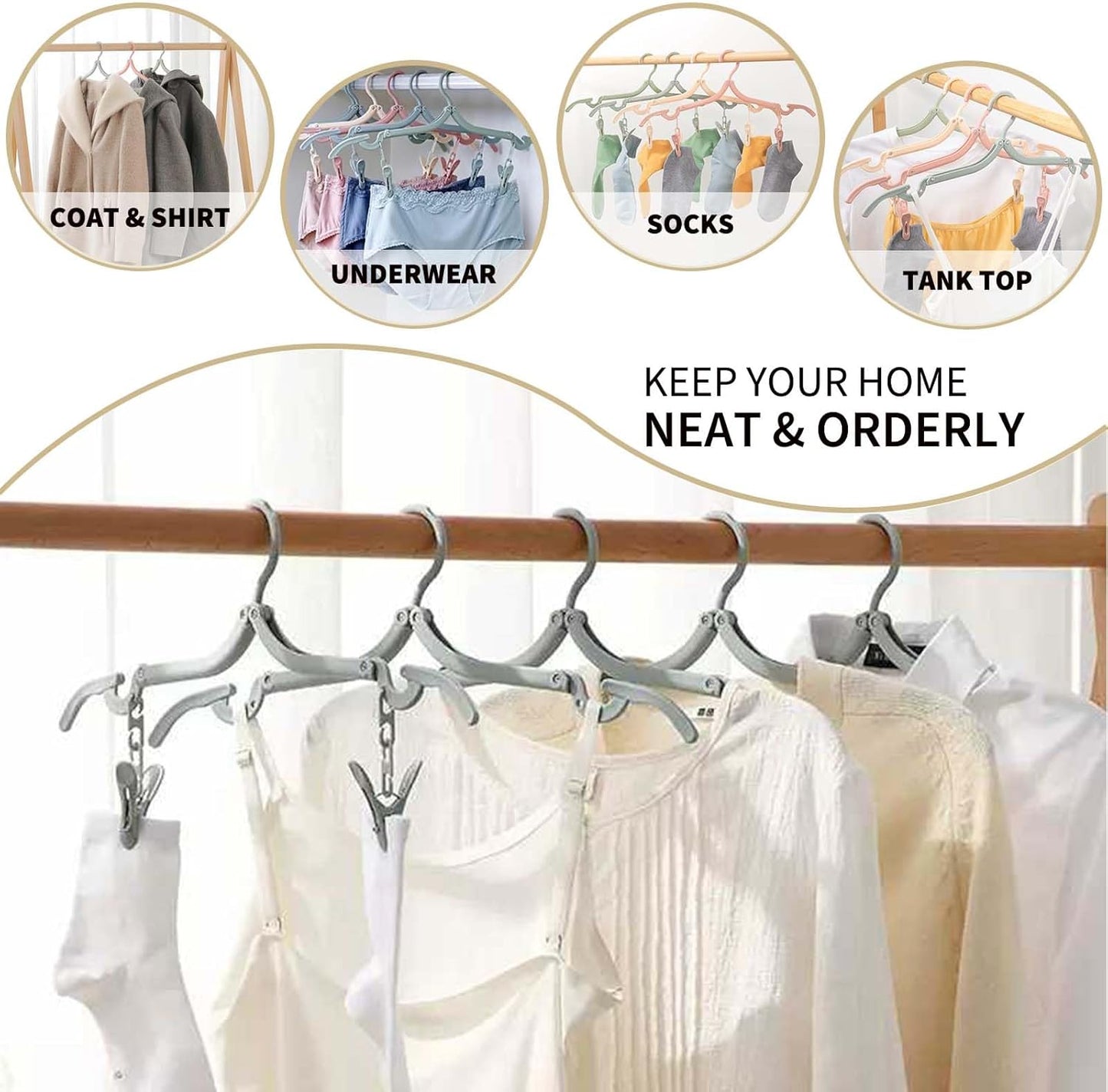12-Piece Foldable Travel Hangers with Clips - Collapsible Coat Hanger for Pants, Socks, Underwear & Drying Rack