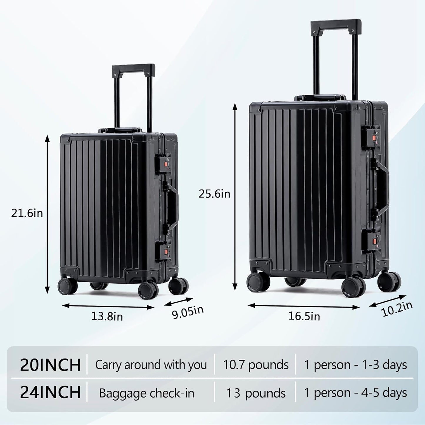 YYW Aluminum Carry-On Luggage Airline Approved Lightweight Suitcase with TSA Lock and Silent Wheels, Hardshell Spinner Business Travel (Black, 20in)