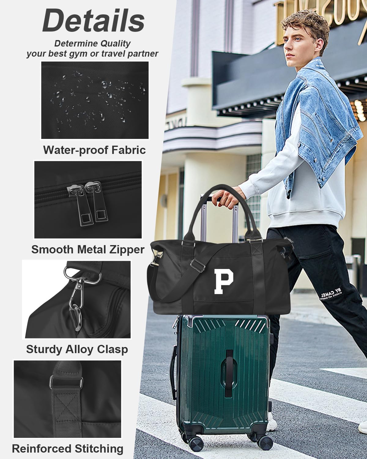 Initial Travel Duffel Bag Sports Gym Bag for Boys Teen Birthday Gifts,Black Personalized Weekender Bag Carry On Tote Bags for Men,Waterproof Overnight Luggage Bag Airplane Travel Essentials(Letter P)