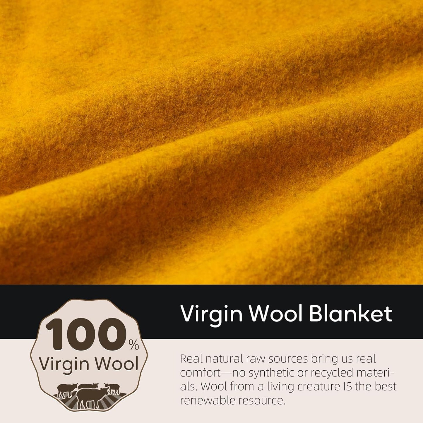 100% Wool Blanket, 62" x 86", Warm, Thick, Washable, Military Wool Blanket, Great for Camping, Outdoors, Sporting Events, Survival Kits, Yellow