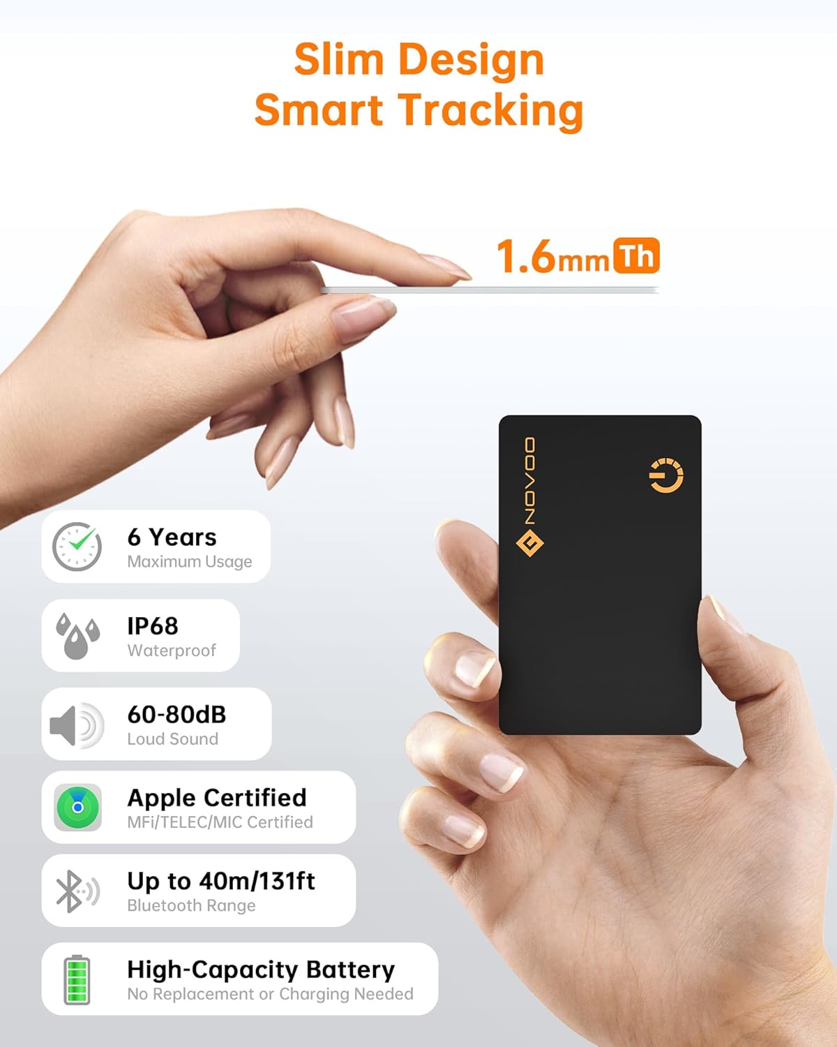 NOVOO Air Locator Tag (iOS Only) Wallet Tracker Card with Apple Find My, Smart Card Bluetooth Tracker, 6 Years Battery, IP68 Waterproof, Keys Finder and Item Locator for Keys, Bags, Passport(BK)